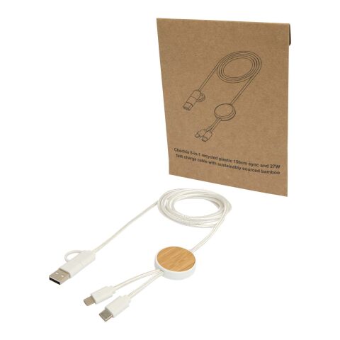 Câble 5 en 1 Chechia en plastique recyclé de 150 cm pour la synchronisation des données et la charge rapide de 27 W avec détails en bambou Standard | Blanc | sans marquage | non disponible | non disponible